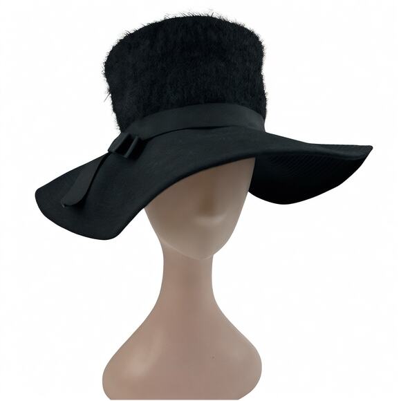 Vintage 1960's Black Wide Brim Hat Boucle Crown Mod Wool Felt Ribbon Bow Glam - Picture 4 of 11